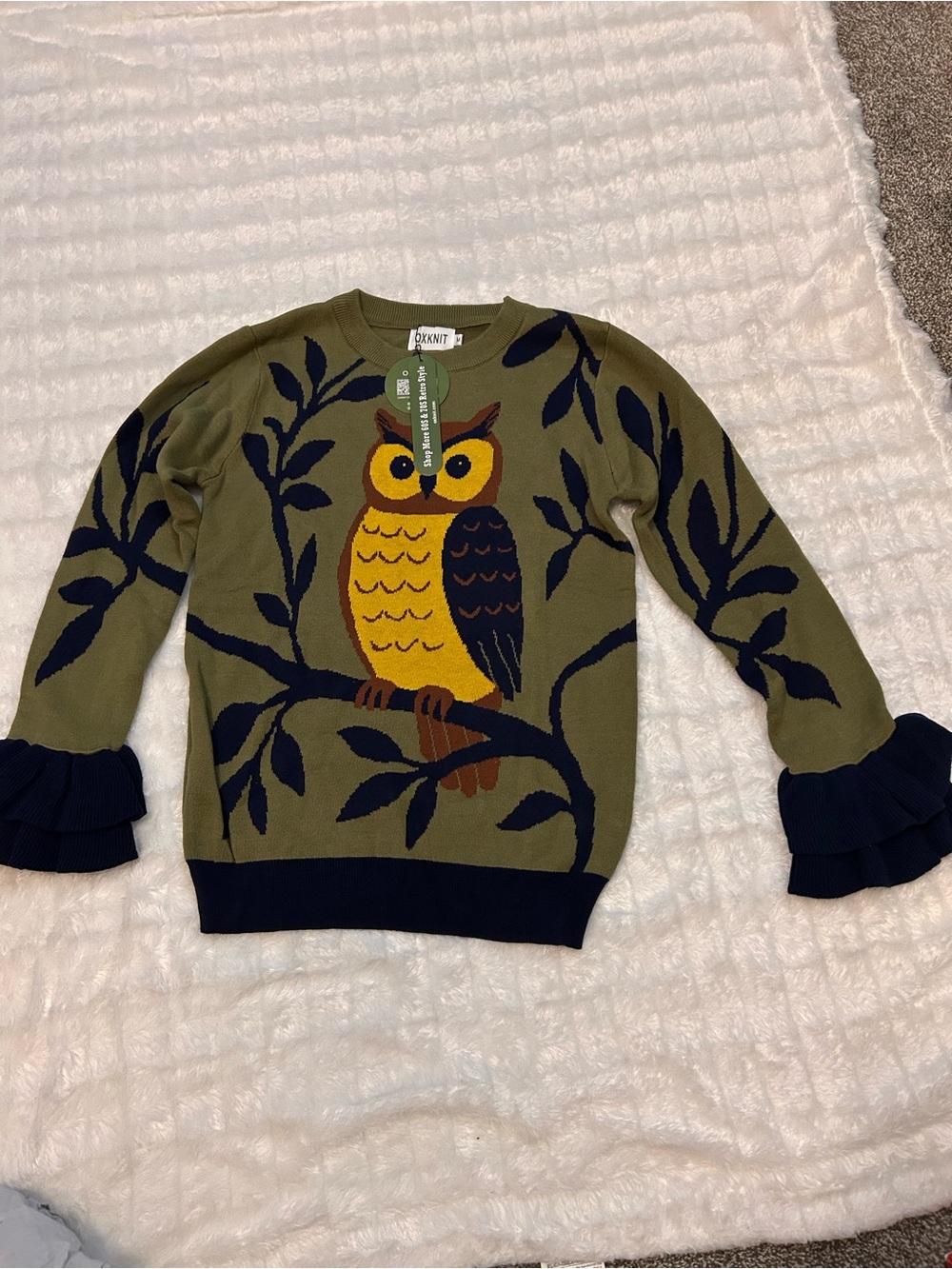 OXKNIT Olive Owl Intarsia Ruffle-Cuff Crewneck Sweater - Picture 3 of 5